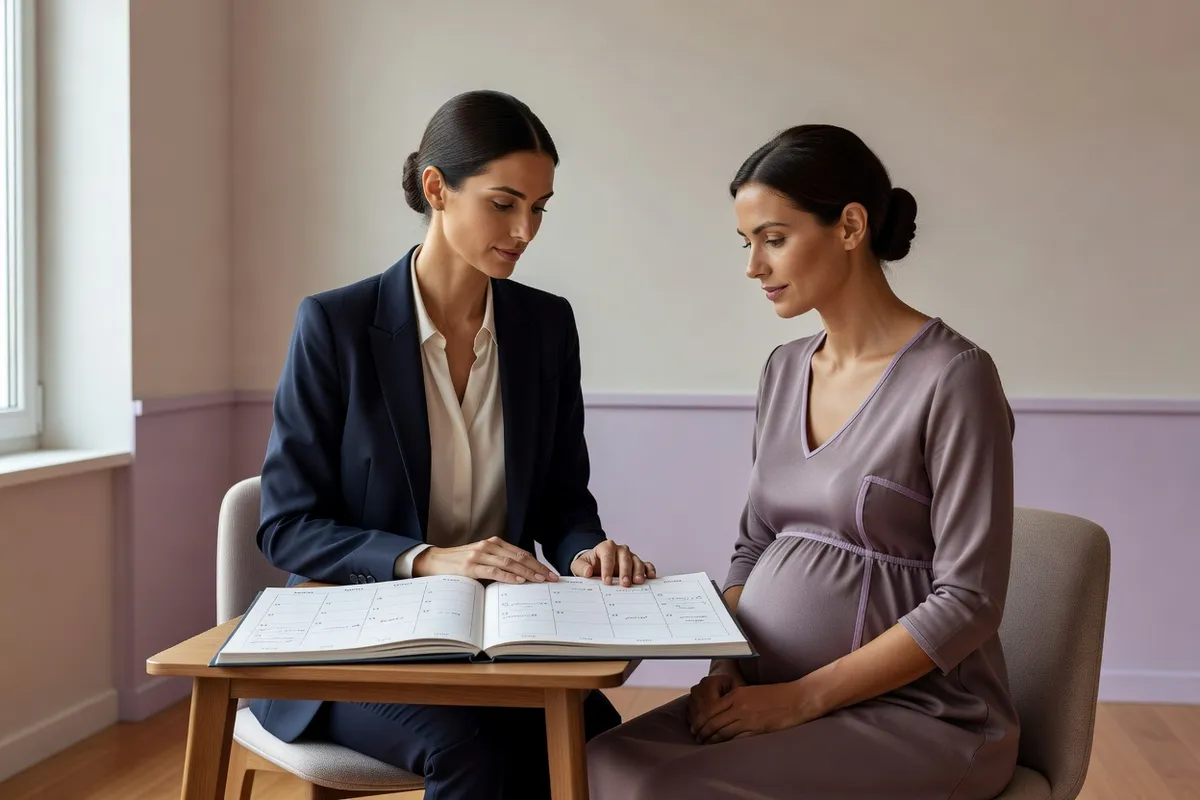 Sage-femme et future maman face à face dans un cabinet lumineux, penchées sur un calendrier annoté de semaines