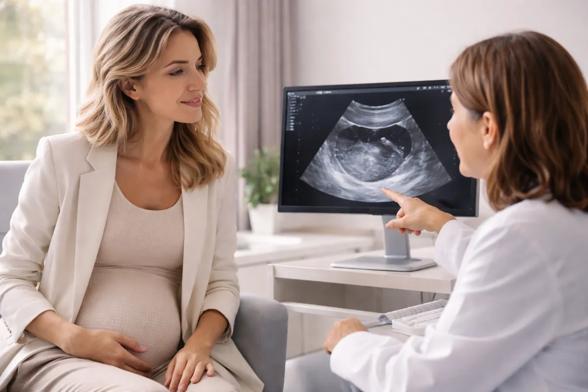 Femme enceinte adulte en tenue élégante et claire, assise dans un cabinet, observant avec une femme médecin l'écran d'une échographie de datation