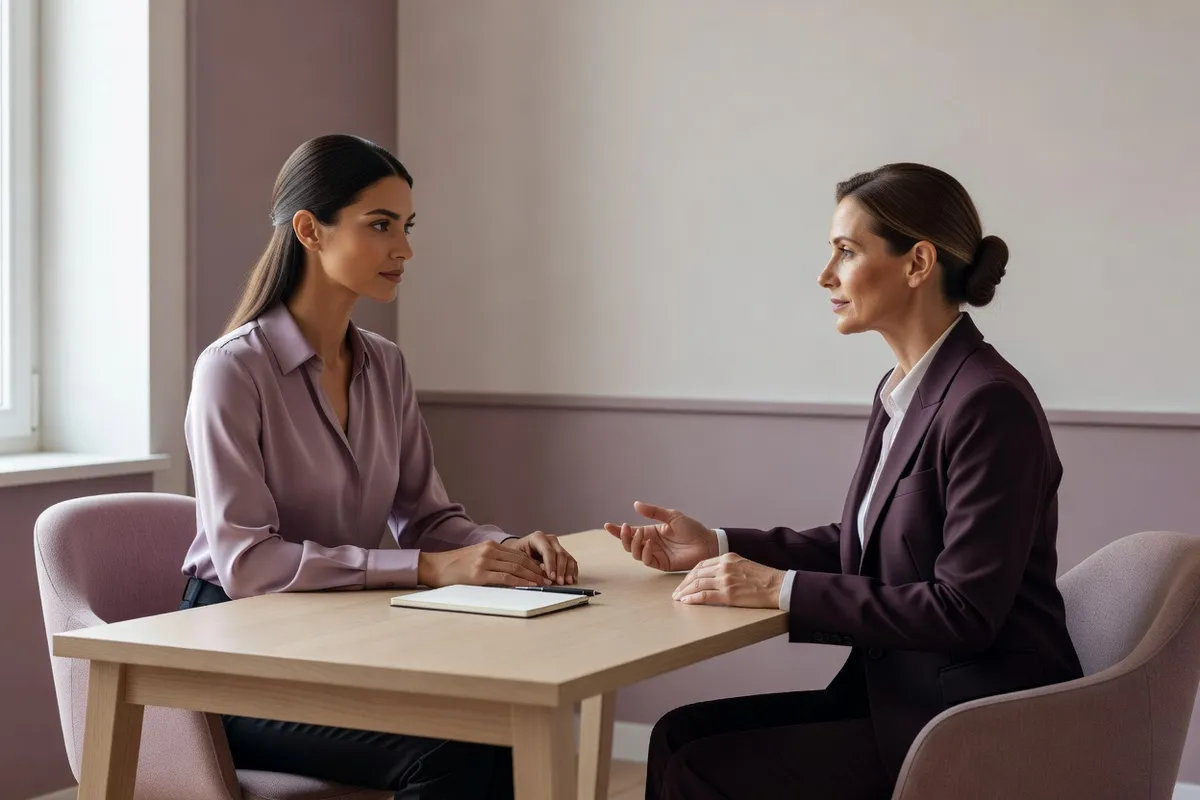 Femme adulte échangeant avec une femme médecin lors d'une consultation dans un cabinet sobre