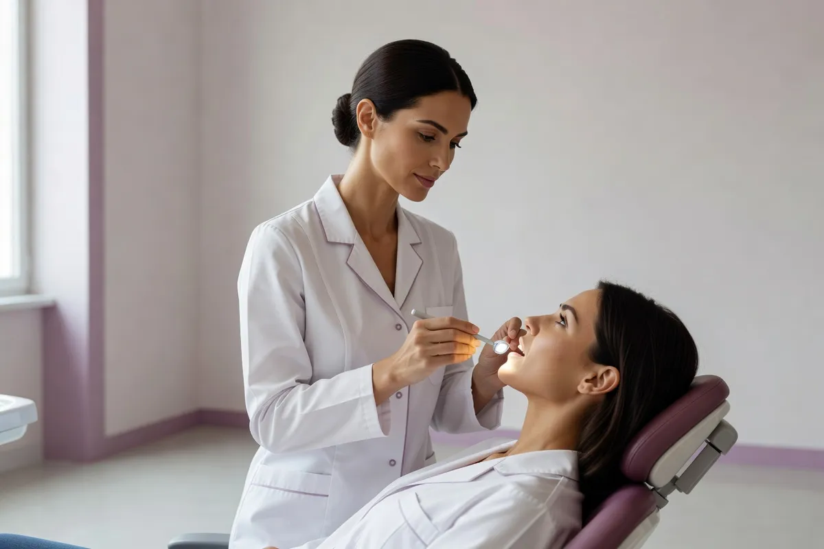 Femme chirurgien-dentiste examinant les dents d'une patiente assise dans un fauteuil de soins