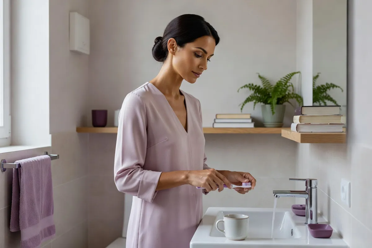Femme adulte rinçant sa brosse à dents souple au lavabo, vue de trois quarts, dans une salle de bains claire