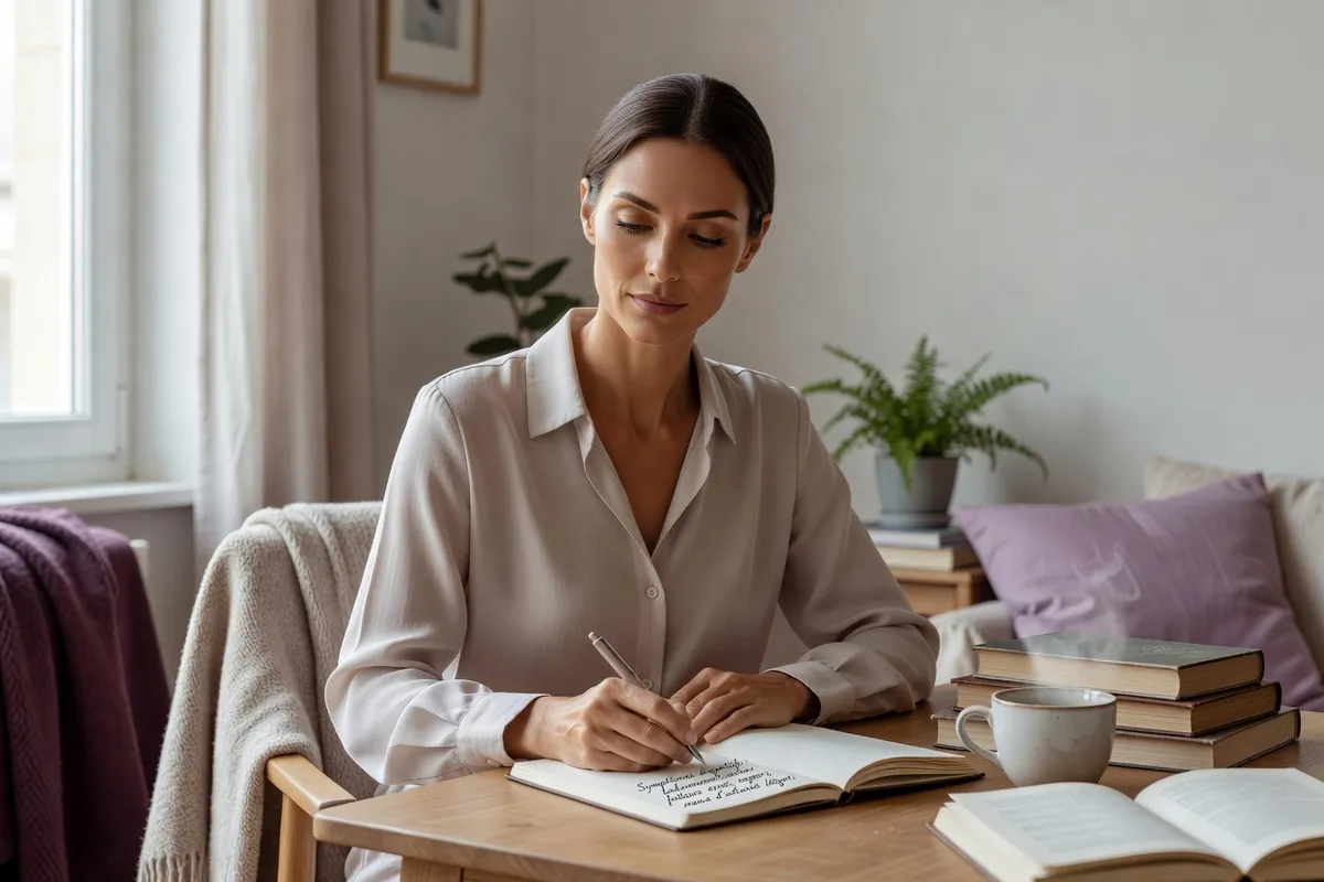 Femme adulte assise à une table avec un carnet dans lequel elle note ses symptômes digestifs