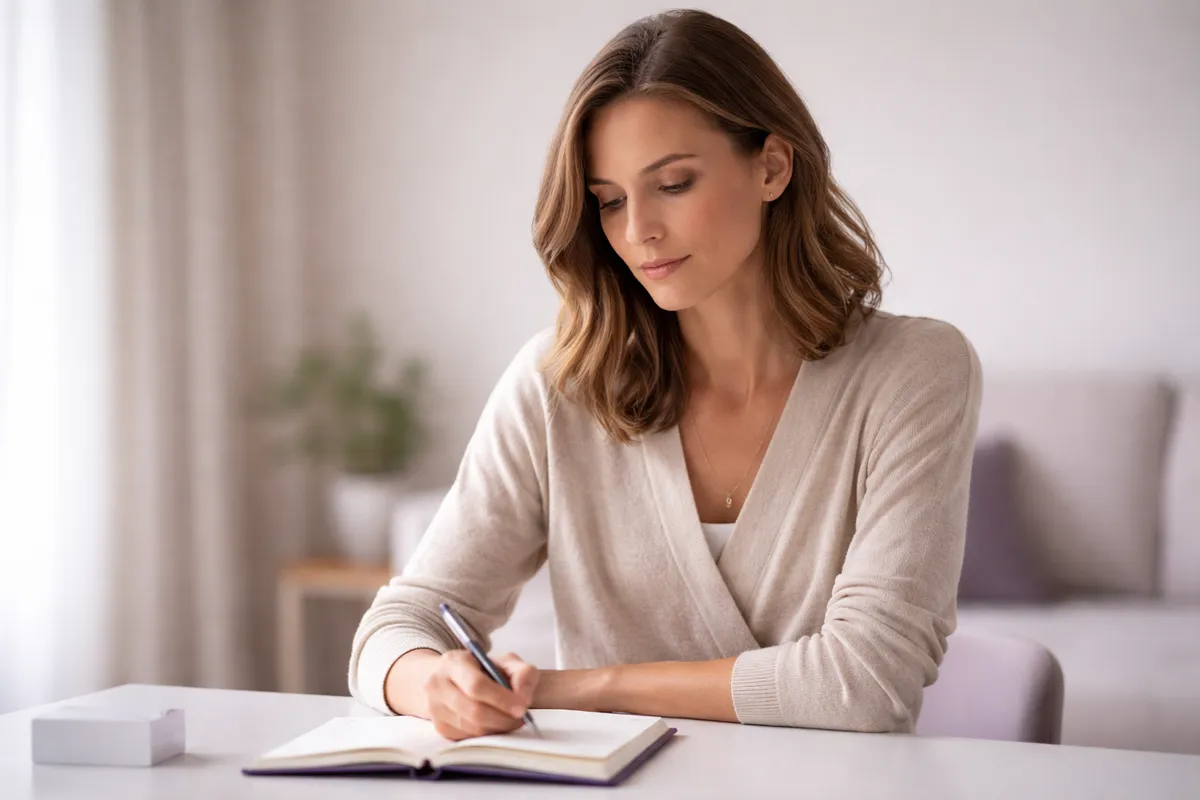 Femme adulte élégante assise à une table lumineuse, notant l'évolution de sa douleur dans un carnet