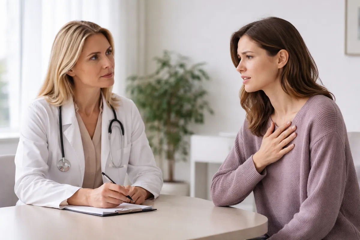 Femme médecin et patiente adulte assises face à face lors d'un échange sur une douleur persistante