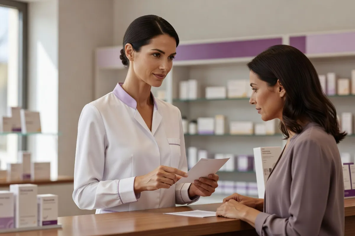 Pharmacienne en blouse blanche expliquant le contenu d'une notice à une cliente adulte, au comptoir d'une pharmacie lumineuse