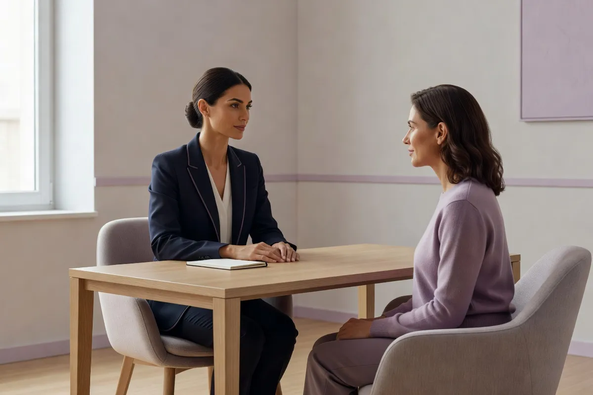 Professionnelle de santé échangeant avec une patiente assise dans un espace de consultation