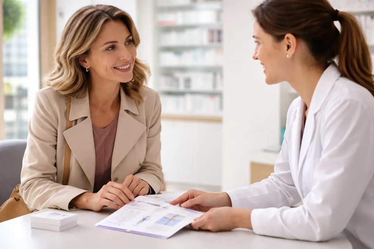 Femme adulte souriante échangeant avec une pharmacienne en blouse blanche au sujet de la vaccination, une brochure de prévention posée entre elles