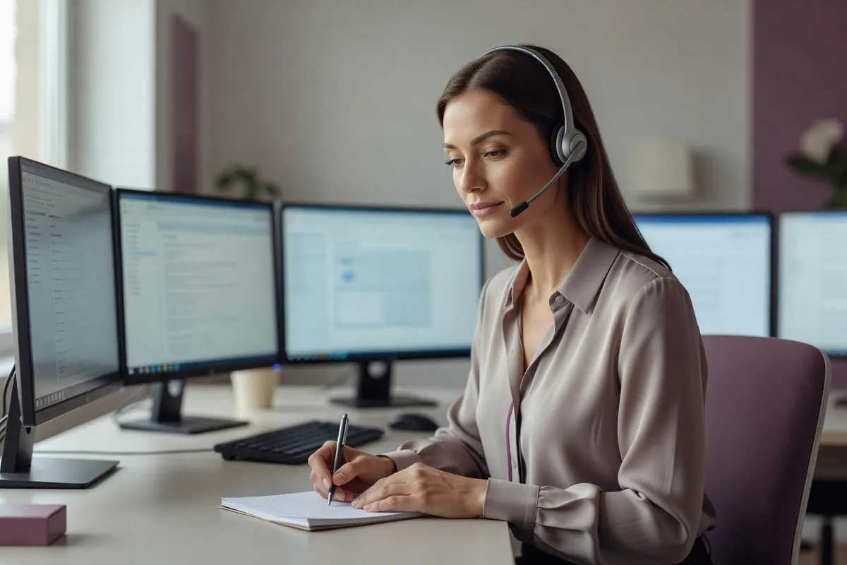 Infirmière de régulation, casque sur les oreilles, qui écoute attentivement un appelant en prenant des notes devant plusieurs écrans