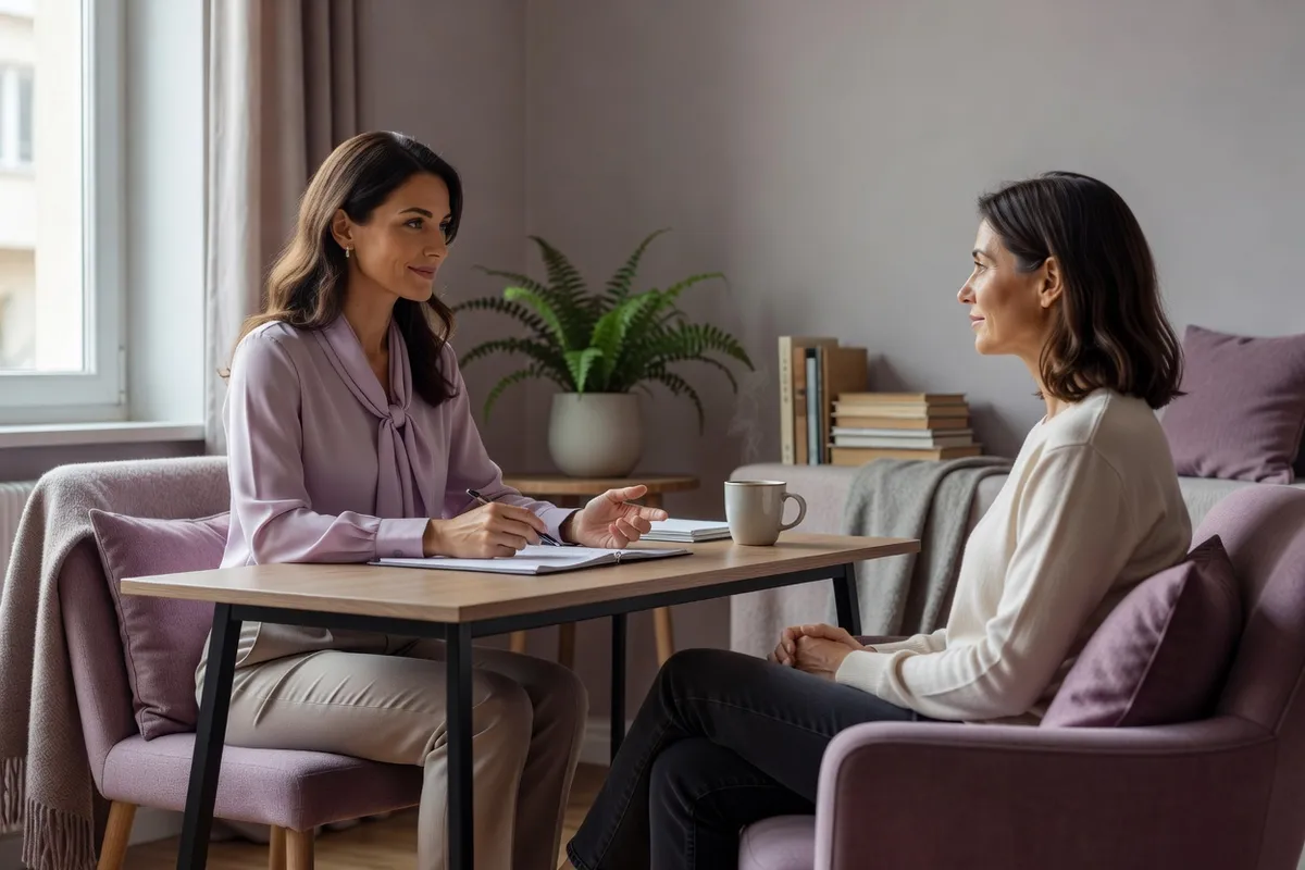 Femme médecin généraliste à son bureau qui écoute une patiente d'une quarantaine d'années assise en face d'elle, dans un cabinet lumineux