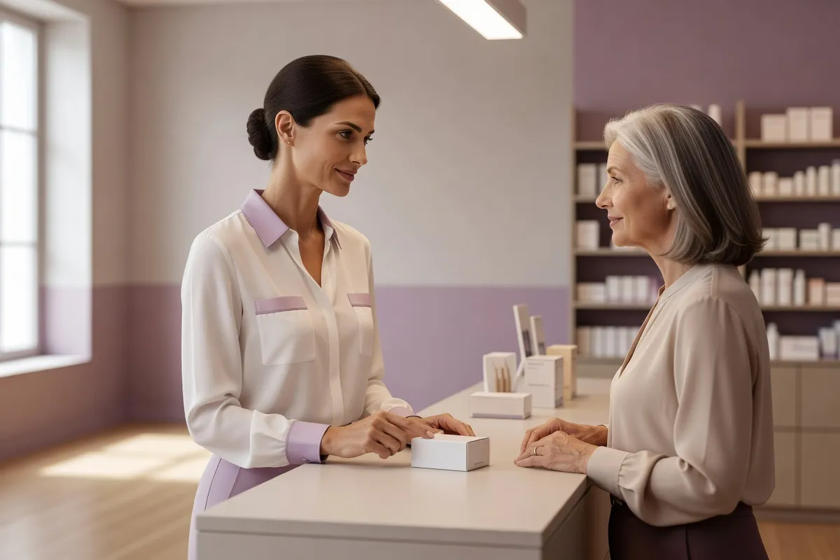 Pharmacienne en blouse blanche qui explique une ordonnance à une cliente d'une cinquantaine d'années, de part et d'autre du comptoir d'une officine