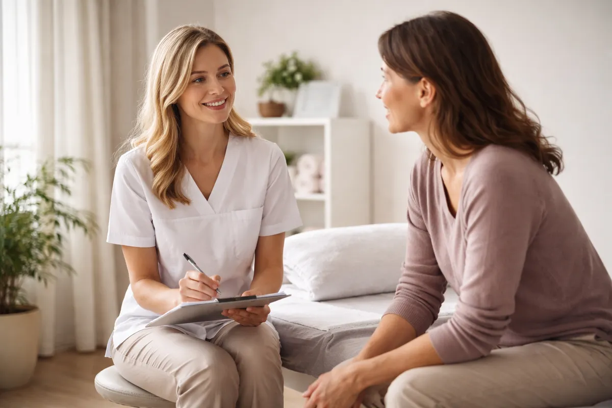 Femme kinésithérapeute échangeant avec une femme adulte assise dans une salle de consultation