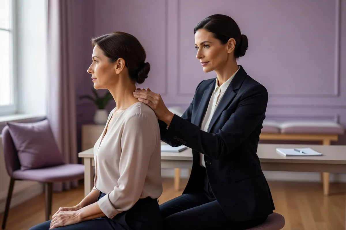 Femme médecin examinant doucement la nuque d'une patiente adulte assise en consultation