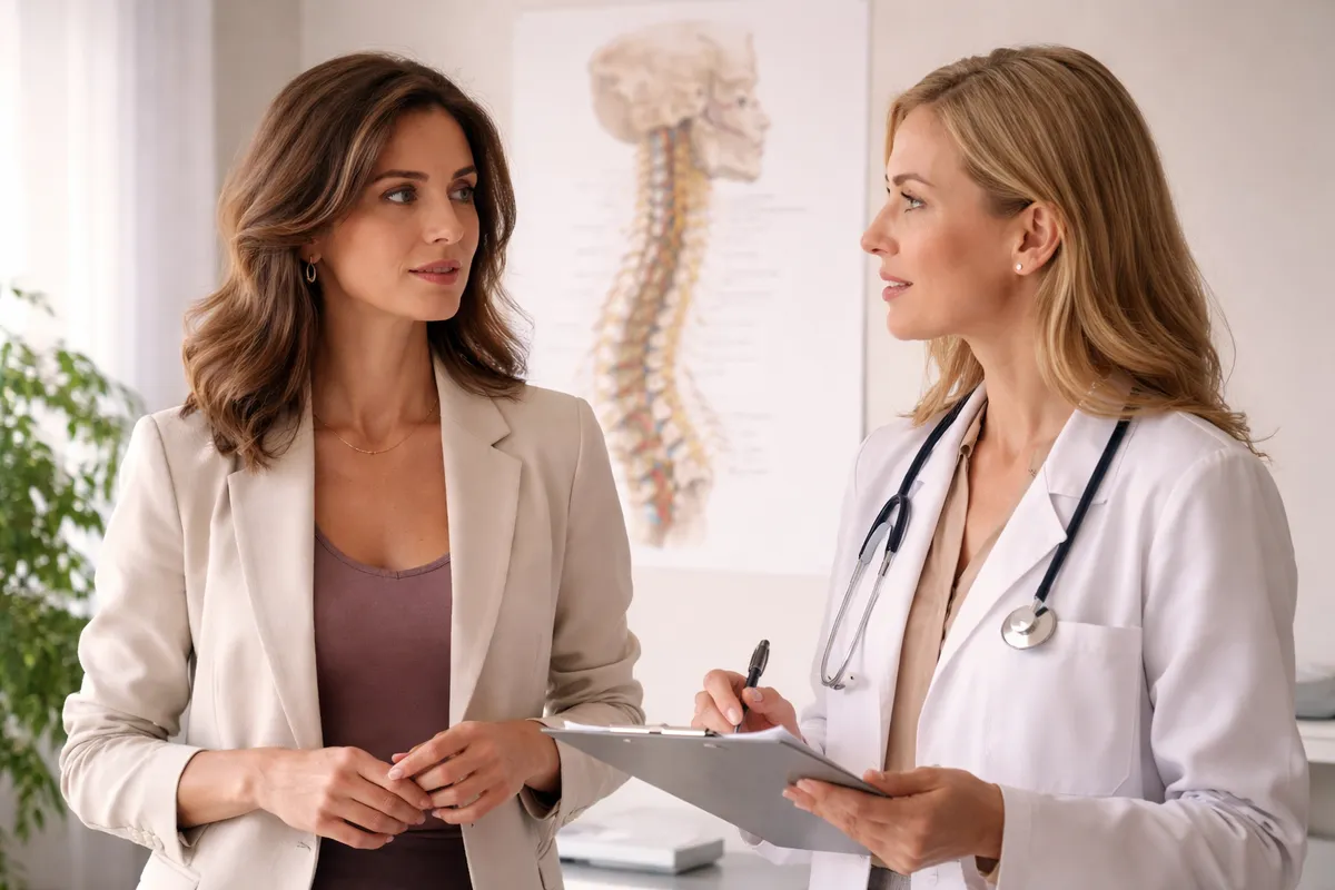 Femme adulte échangeant avec une femme médecin devant une image de la colonne cervicale