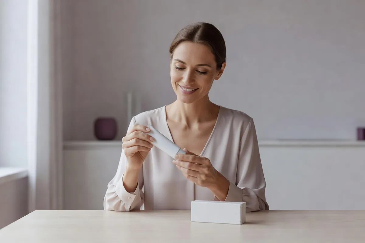 Femme adulte souriante qui lit attentivement la notice d'un tube de crème sur ordonnance, assise à une table claire, une boîte de médicament sans marque à côté d'elle