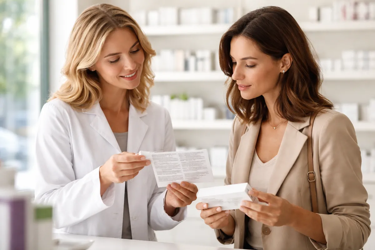 Pharmacienne en blouse blanche qui explique à une femme adulte, au comptoir d'une officine, comment lire l'ordonnance et la notice d'un traitement pour la peau