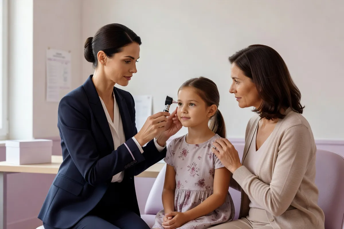 Une femme médecin examine avec un otoscope l'oreille d'une petite fille assise près de sa mère