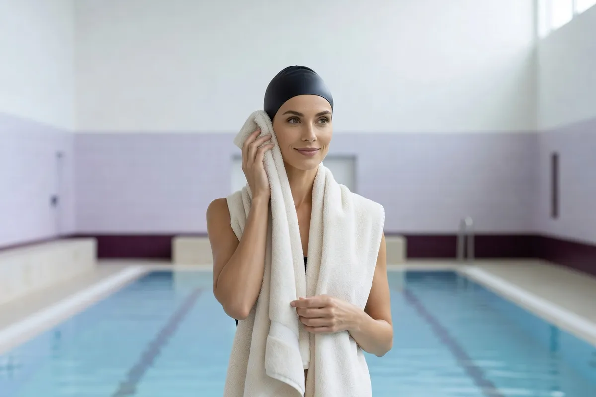 Une femme adulte élégante, un bonnet de bain sur la tête, se tient au bord d'une piscine et presse une serviette contre son oreille