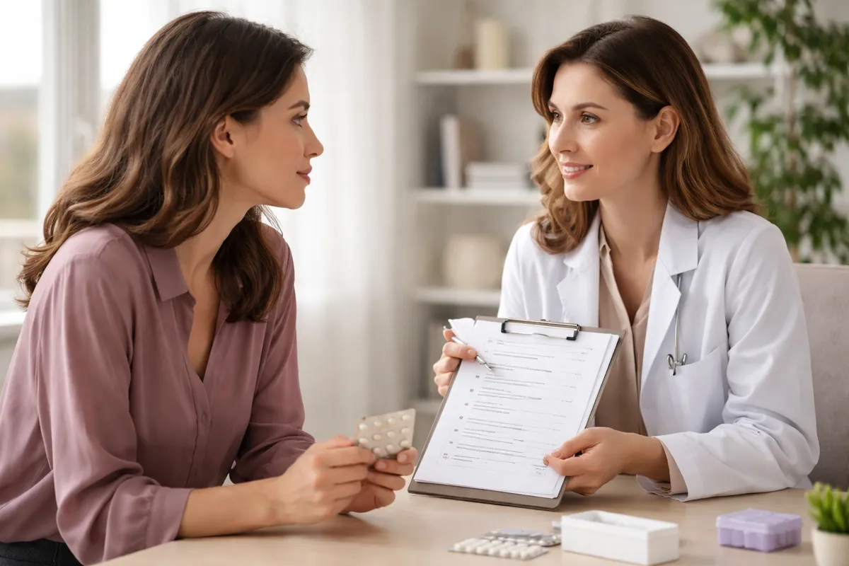 Médecin et patiente adulte face à face dans un cabinet lumineux, en train de passer en revue ensemble une liste de questions sur la contraception