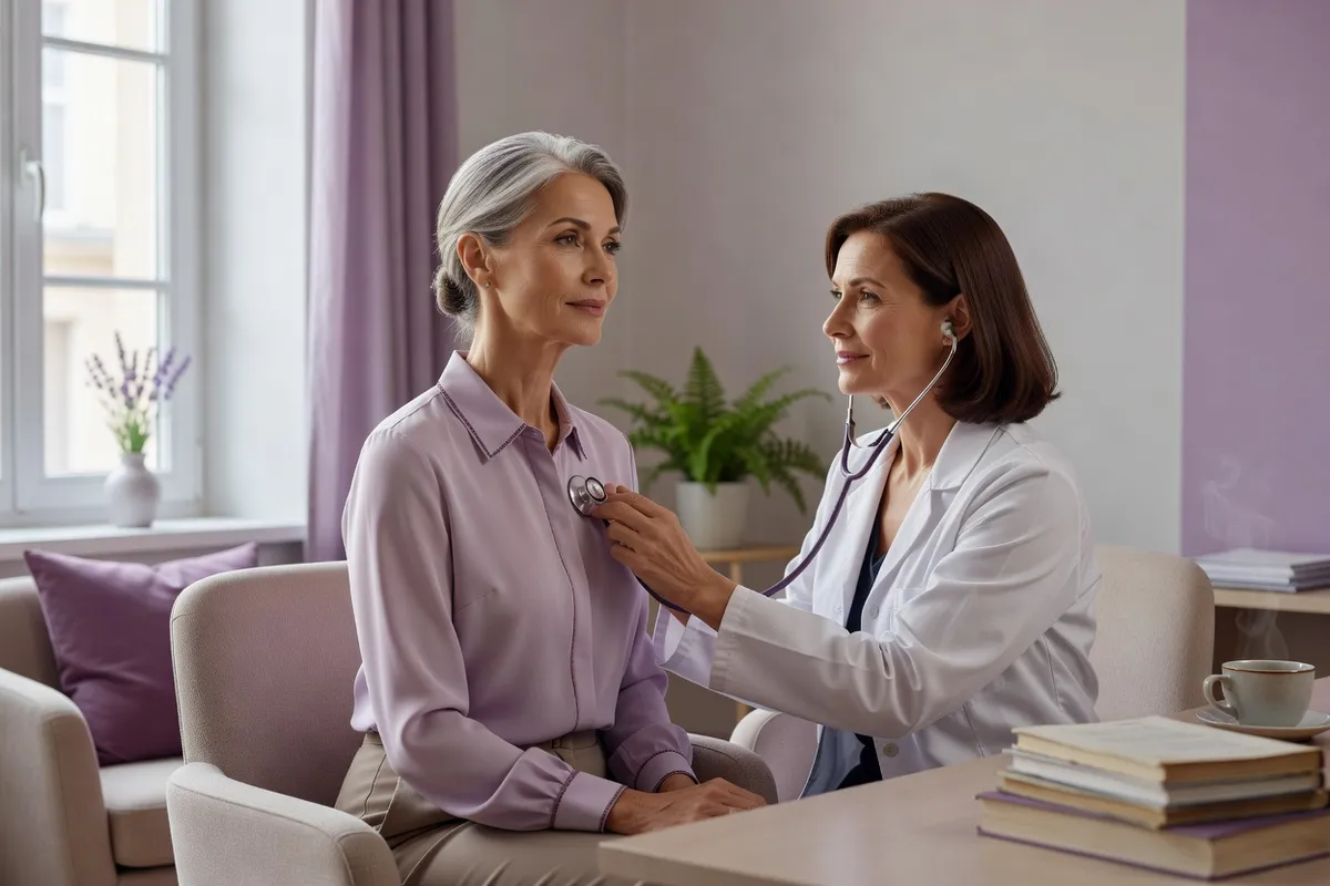 Une femme d'âge mûr, élégante, échange avec une médecin dans un cabinet lumineux pendant que celle-ci écoute sa respiration au stéthoscope