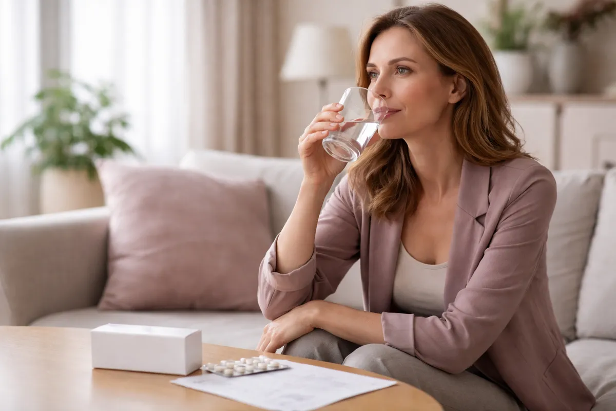 Une femme élégante, au calme dans son salon, boit un verre d'eau près d'une boîte de médicaments sans marque et d'une ordonnance posée sur la table