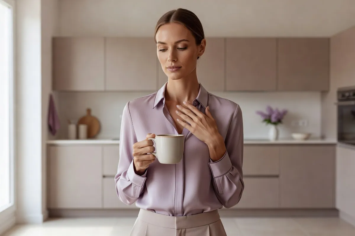 Femme adulte élégante debout dans une cuisine lumineuse, tenant une tasse et portant une main au niveau de la poitrine