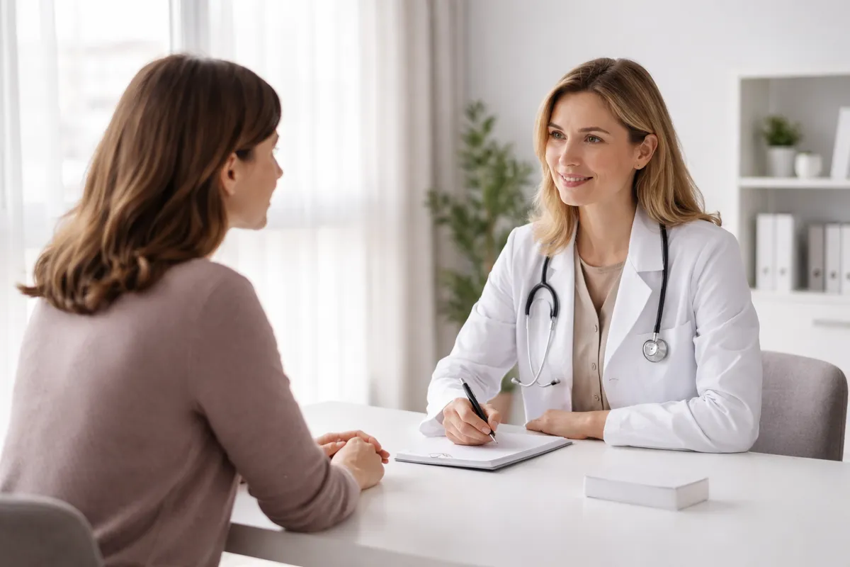 Médecin échangeant avec une patiente assise dans une salle de consultation lumineuse