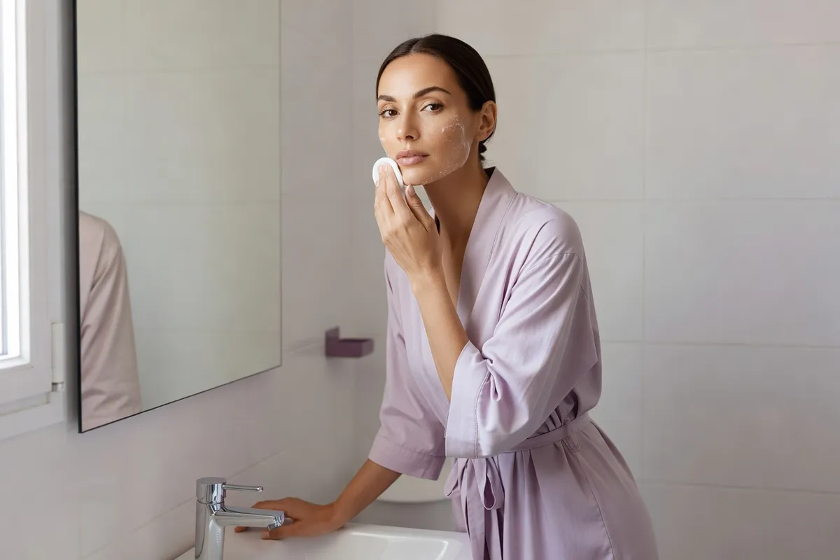 Femme adulte en peignoir clair devant le miroir d'une salle de bains lumineuse, se nettoyant doucement le visage avec un coton et un nettoyant doux