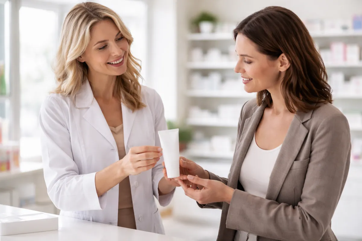 Pharmacienne en blouse blanche remettant à une cliente adulte un tube de soin blanc sans inscription, au comptoir d'une officine claire, en lui expliquant les consignes