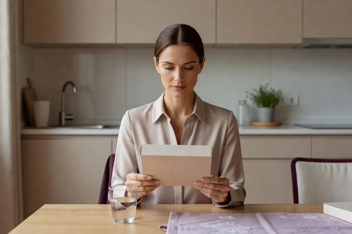 Femme adulte assise à une table de cuisine, lisant la notice d'une boîte de médicaments sans marque visible, un verre d'eau devant elle