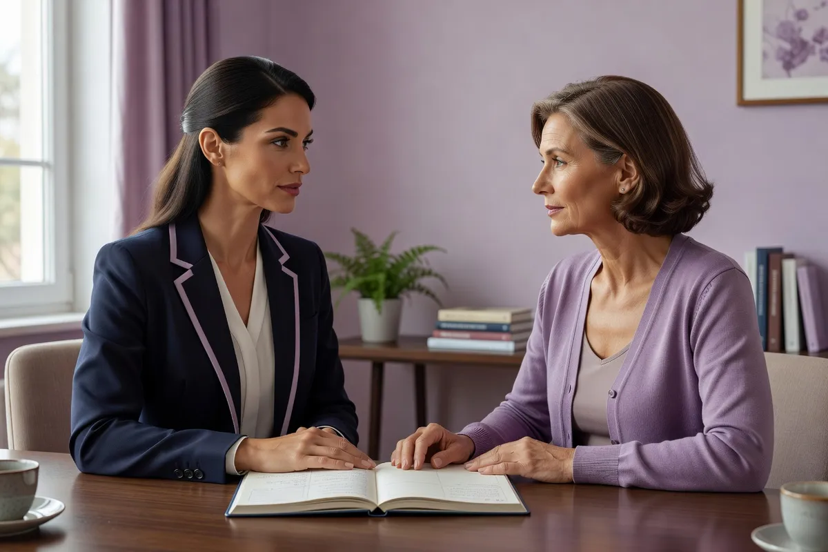 Femme médecin et femme adulte en consultation, assises face à face, un agenda du sommeil ouvert sur le bureau