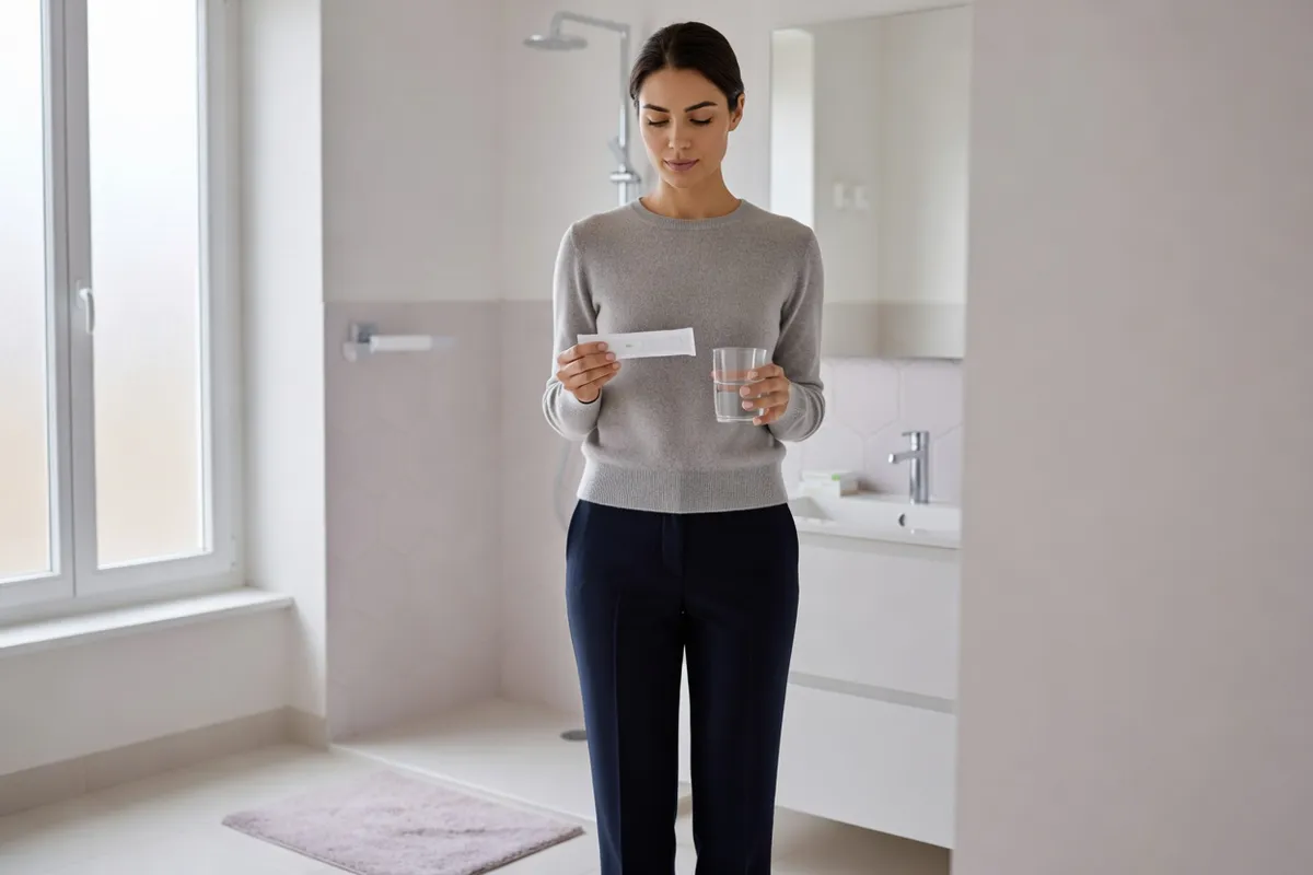 Femme adulte en tenue décontractée, debout dans une salle de bains claire, tenant dans la main un test de grossesse emballé et un verre d'eau