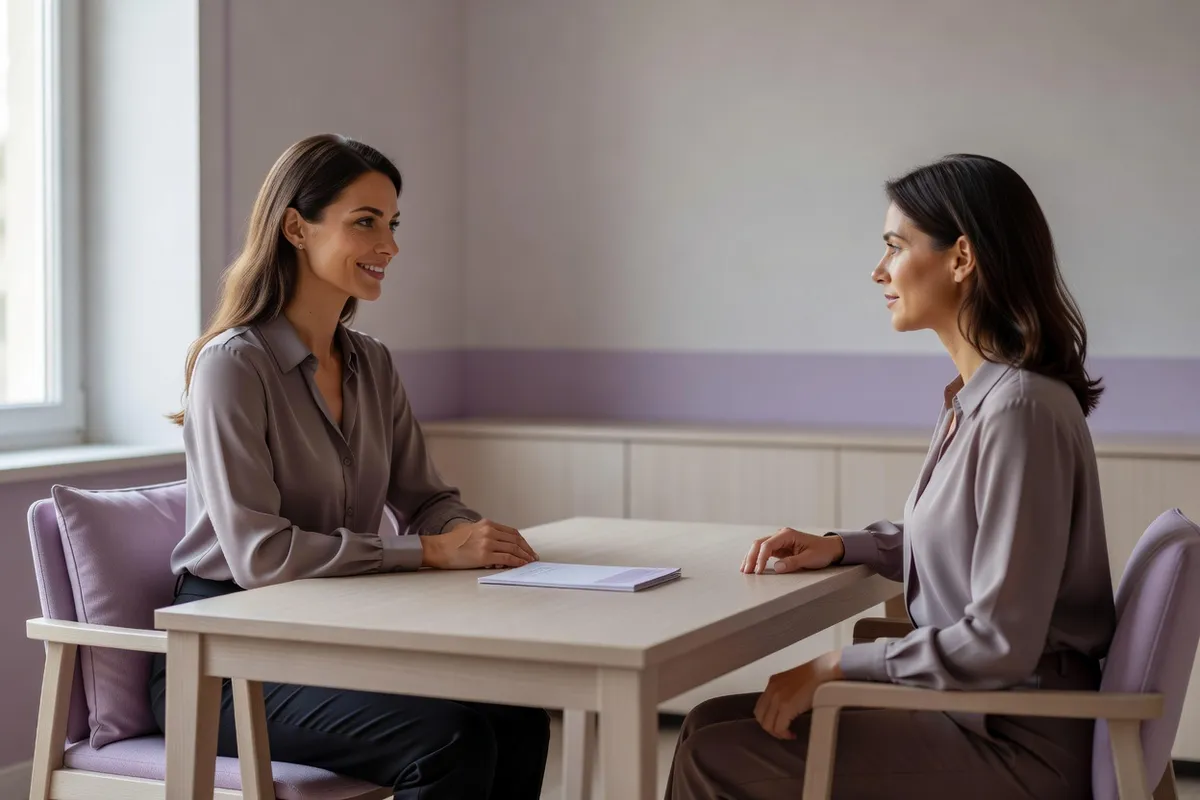 Sage-femme et patiente adulte assises face à face dans un cabinet clair, avec une brochure d'information posée sur le bureau