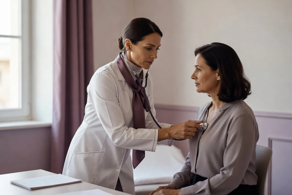 Femme médecin écoutant la respiration d'une femme adulte assise dans une salle de consultation