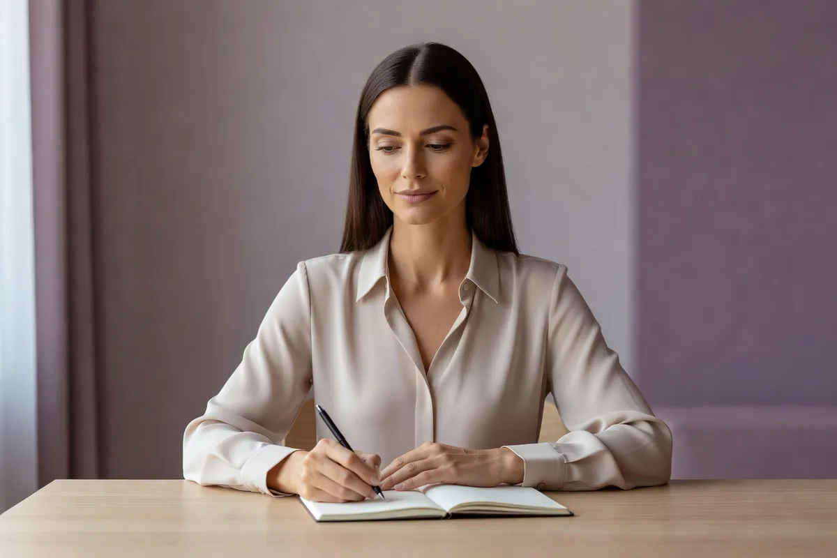 Femme adulte assise à une table, notant ses symptômes dans un carnet avant une consultation médicale