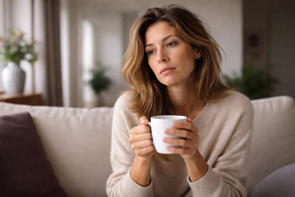 Femme adulte assise dans son salon le matin, tenant une tasse chaude et paraissant fatiguée