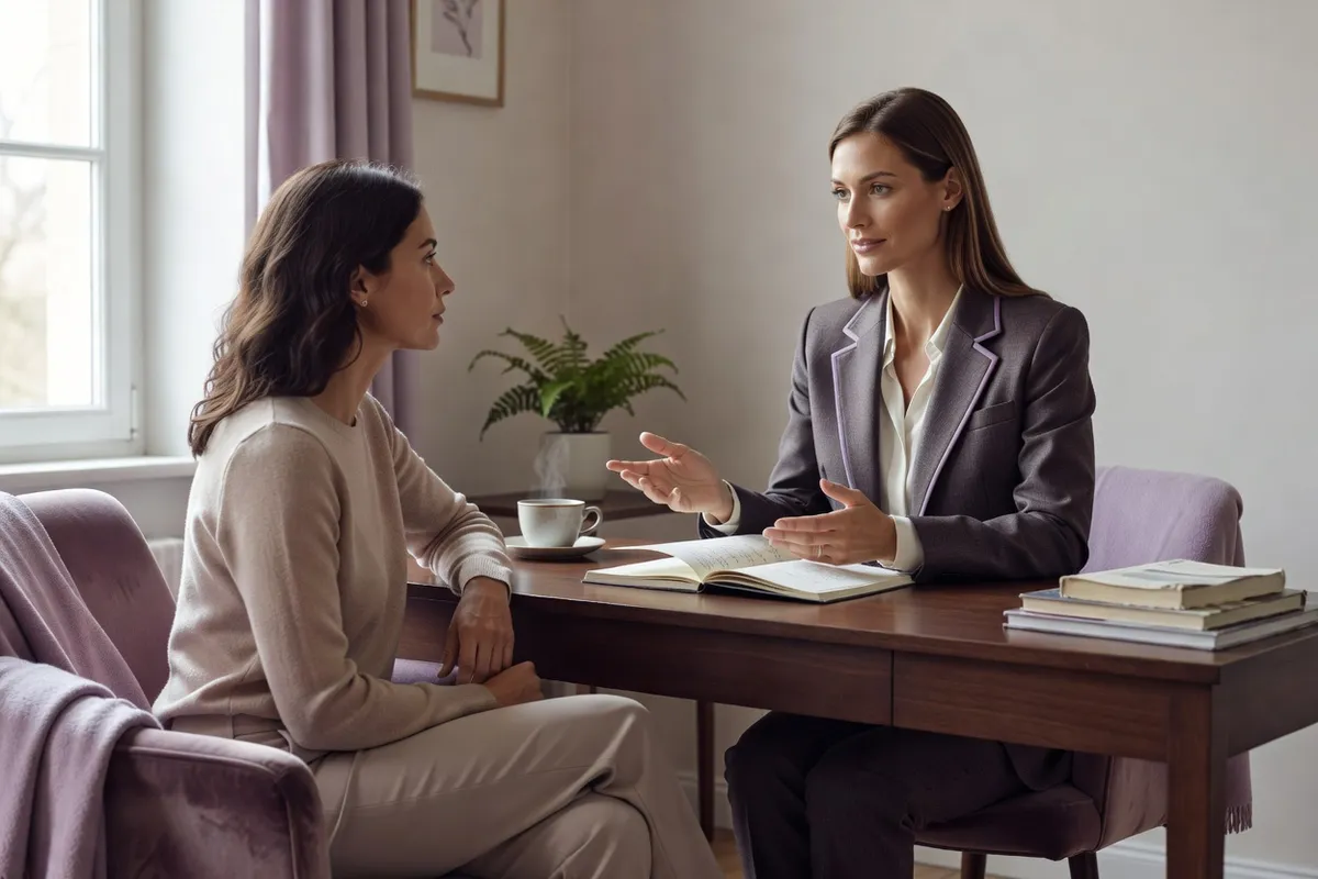 Femme médecin échangeant avec une femme adulte assise en consultation, un carnet ouvert sur le bureau