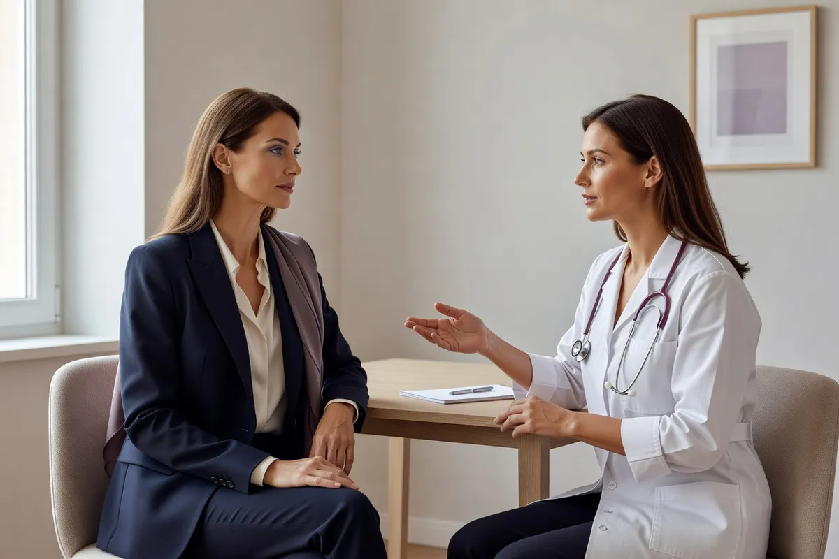 Femme échangeant avec une professionnelle de santé dans un bureau de consultation
