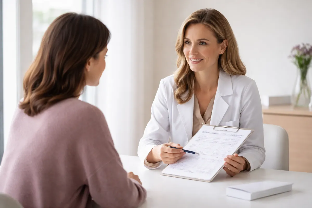 Professionnelle de santé expliquant des résultats à une femme assise face à elle