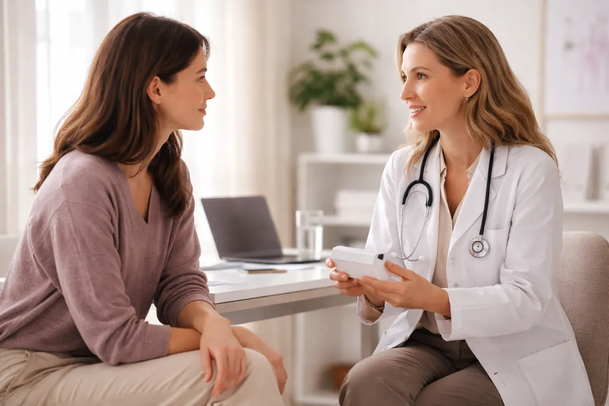 Médecin échangeant avec une patiente assise dans un cabinet lumineux