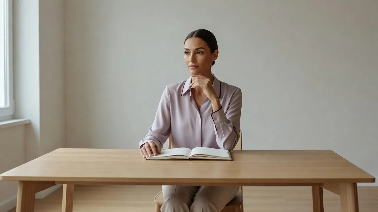 Femme adulte élégante assise à son bureau, un agenda ouvert devant elle, le regard songeur, dans une pièce lumineuse