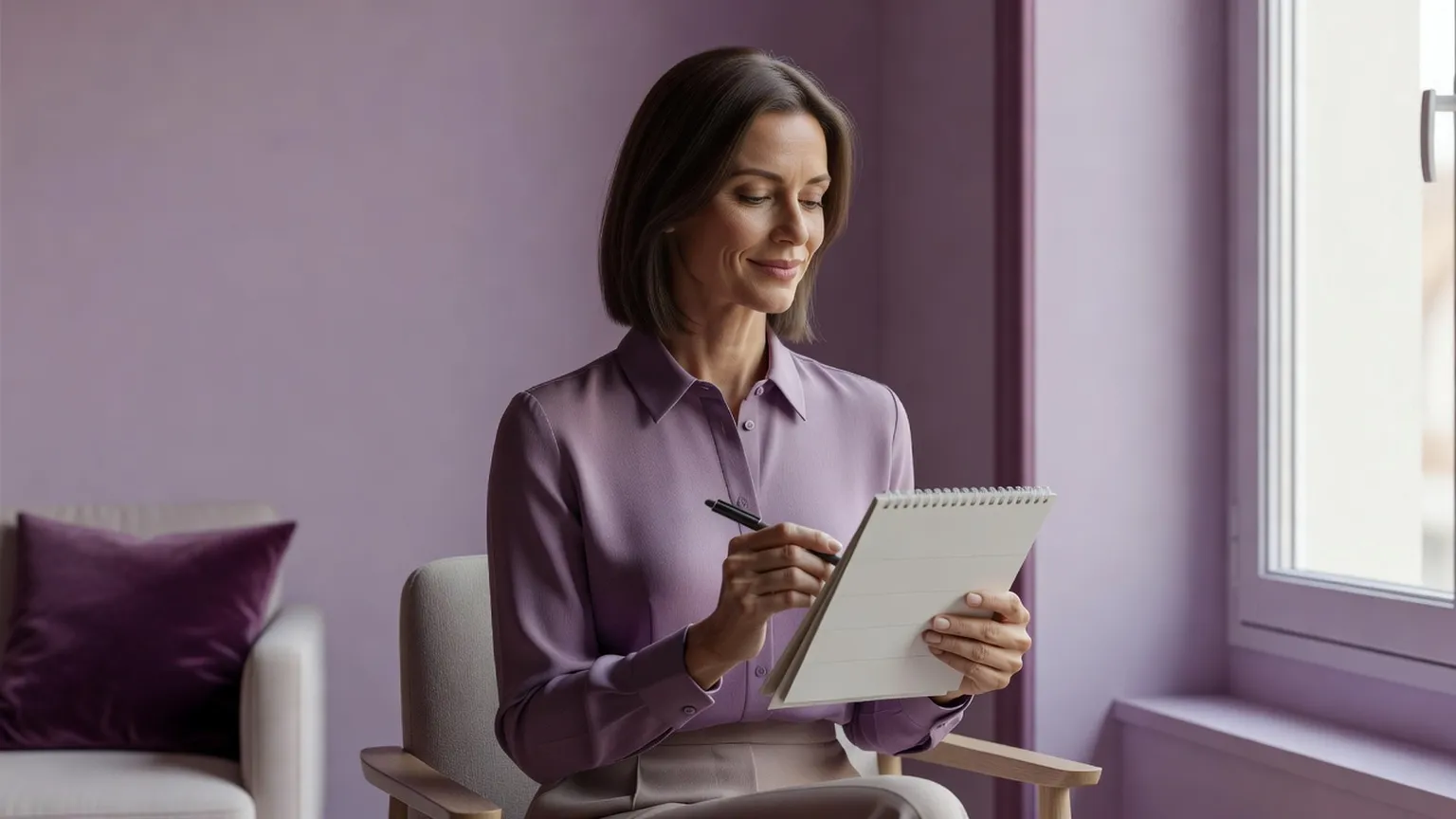 Femme adulte élégante, souriante, assise près d'une fenêtre lumineuse, feuilletant un calendrier de bureau avec un stylo à la main, dans un intérieur clair aux tons lilas