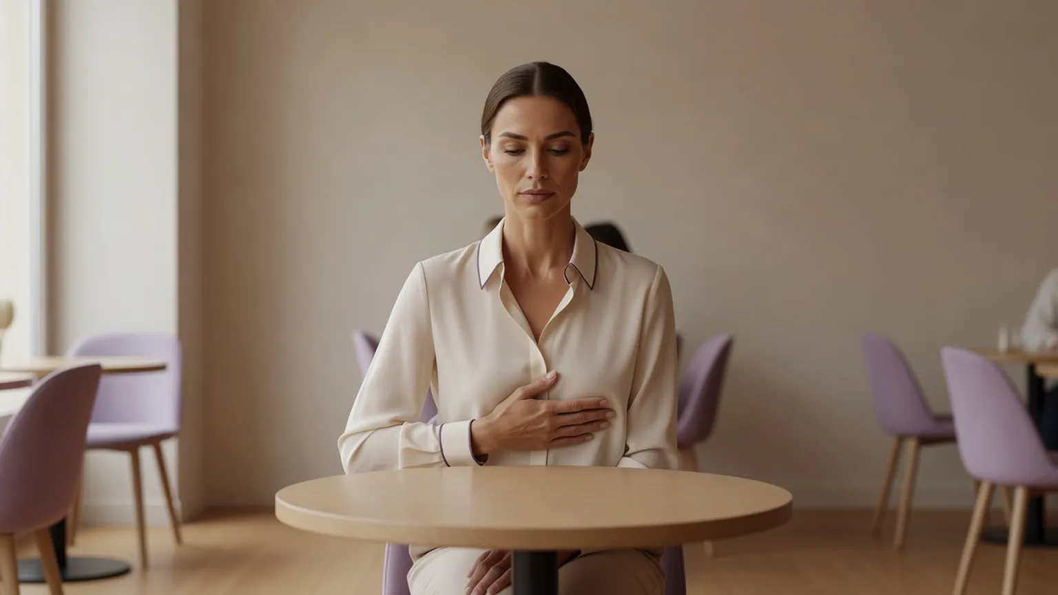 Femme assise à une table, une main posée sur le haut droit de son abdomen