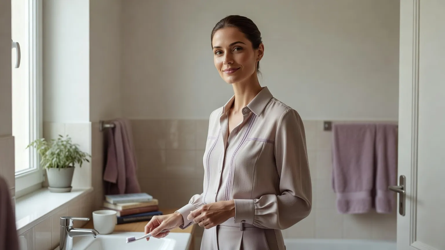 Femme adulte élégante souriante dans une salle de bains claire, une brosse à dents à la main, debout près du lavabo