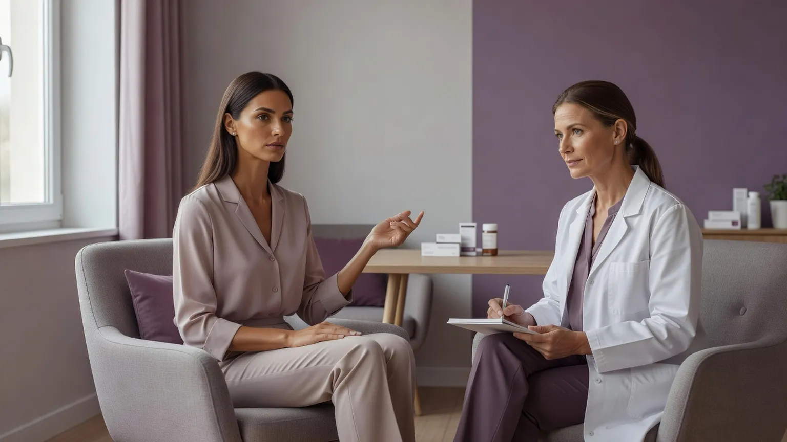 Une femme élégante, assise dans un cabinet lumineux, discute de son tabagisme avec un médecin qui prend des notes