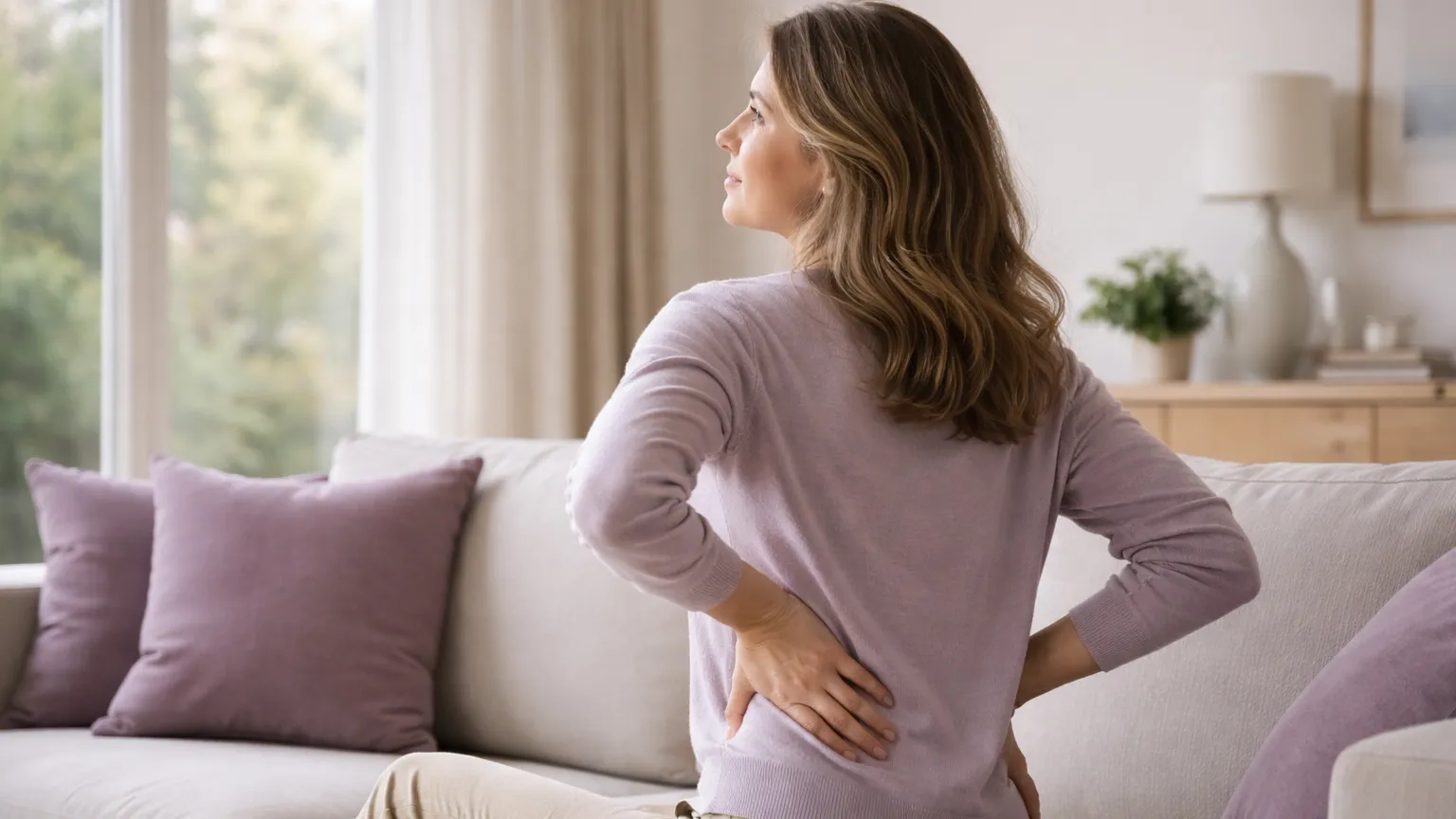 Femme adulte assise sur un canapé, une main posée sur le bas du dos, dans un salon lumineux, le regard tourné vers la fenêtre