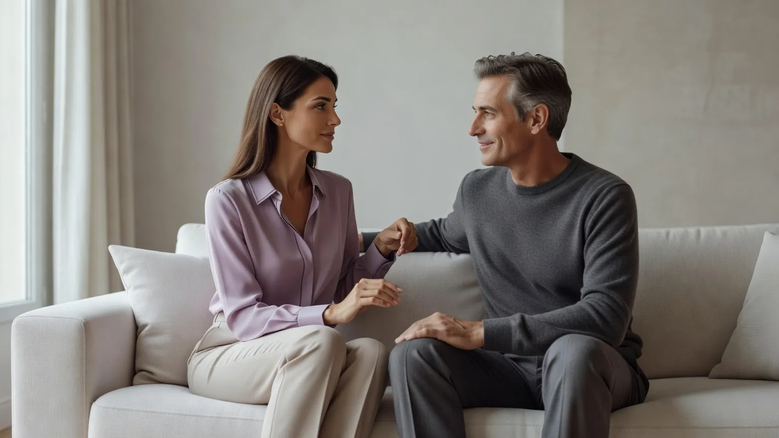Couple d'une quarantaine d'années, habillé, assis côte à côte sur un canapé clair, en conversation calme et complice