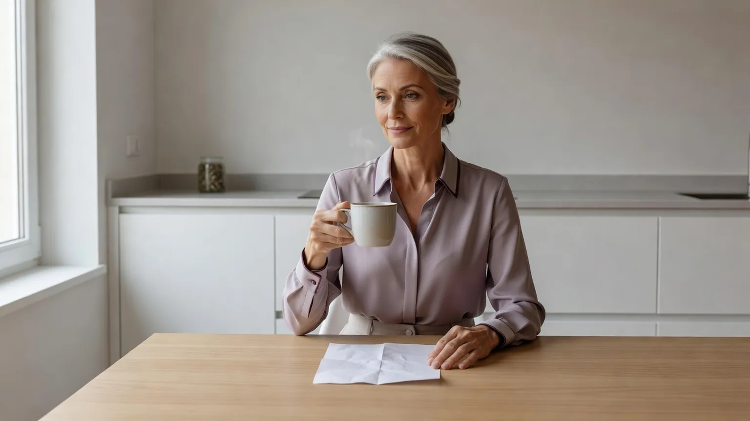 Femme élégante d'une cinquantaine d'années assise à une table de cuisine lumineuse, tenant une tasse de tisane et lisant la notice d'un produit à base de plantes