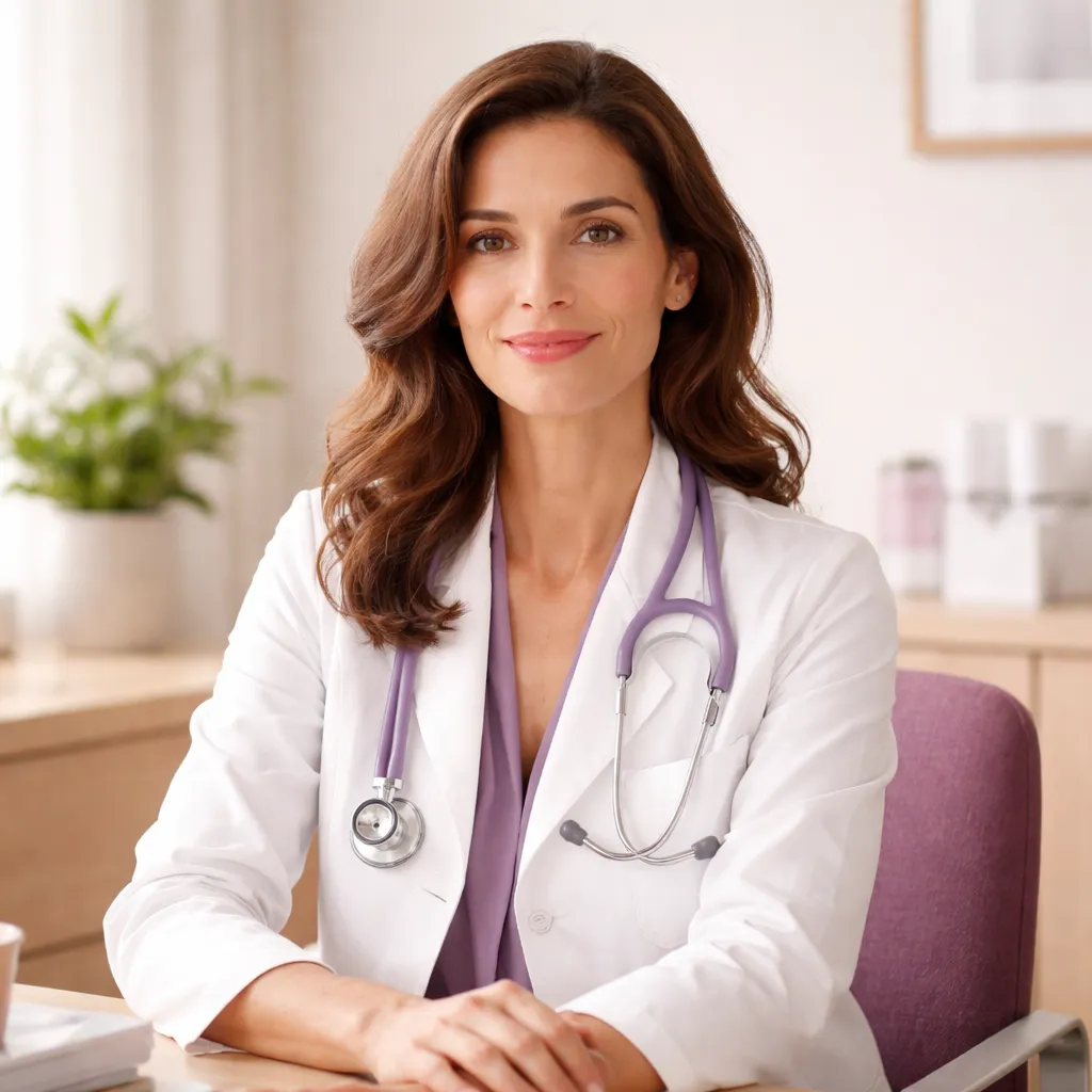Femme médecin généraliste souriante, en blouse blanche, assise à son bureau dans un cabinet lumineux, stéthoscope autour du cou, face à l'objectif