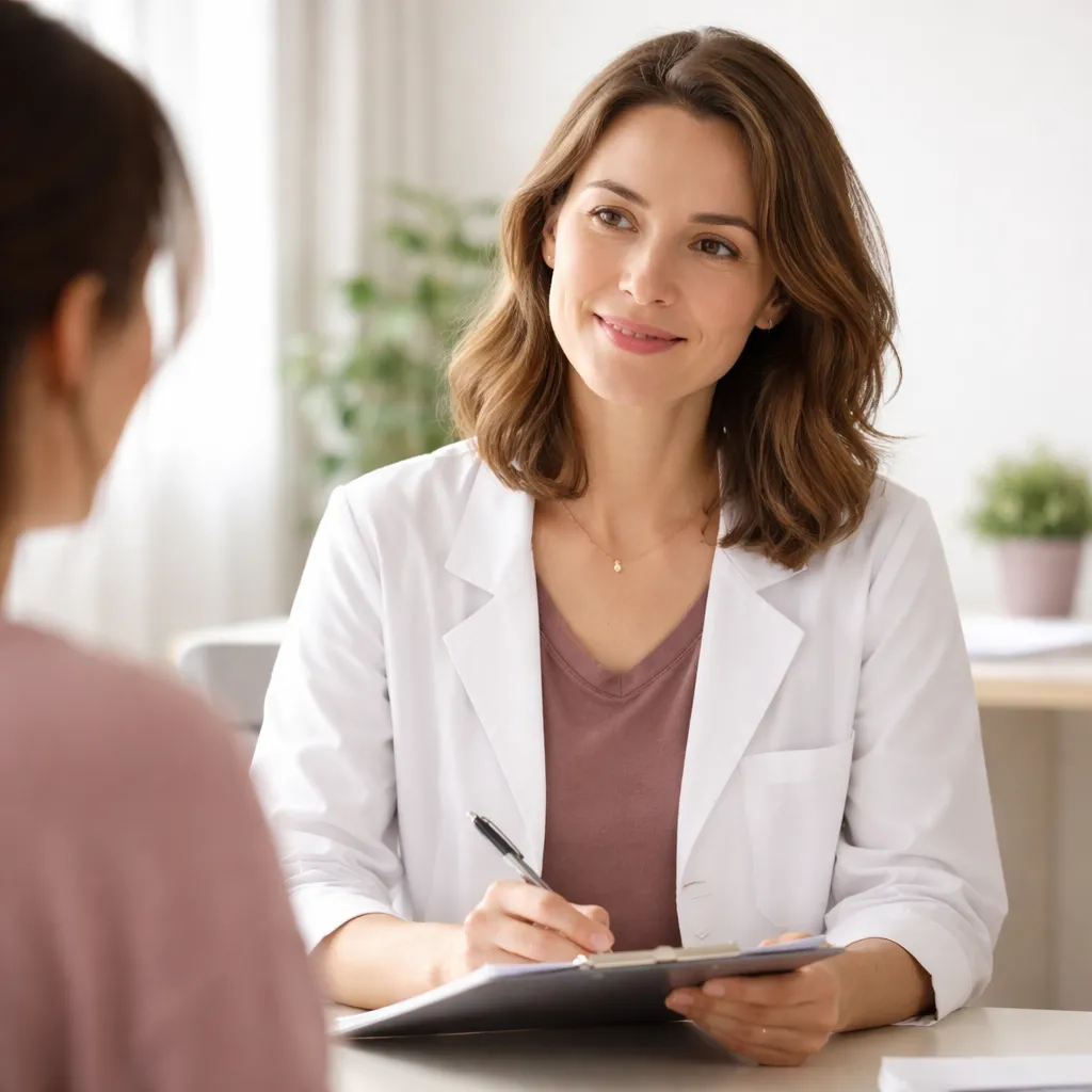 Sage-femme en consultation échangeant avec une femme assise dans un cabinet lumineux