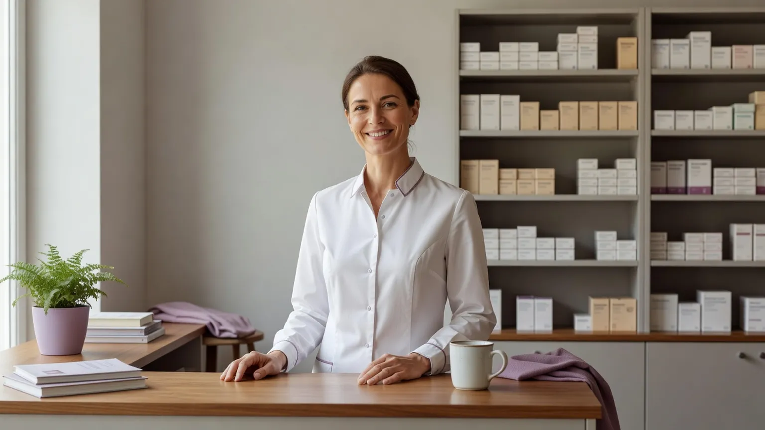Pharmacienne souriante en blouse blanche, assise à son bureau dans une officine lumineuse, étagères de boîtes de médicaments sans marque visible en arrière-plan